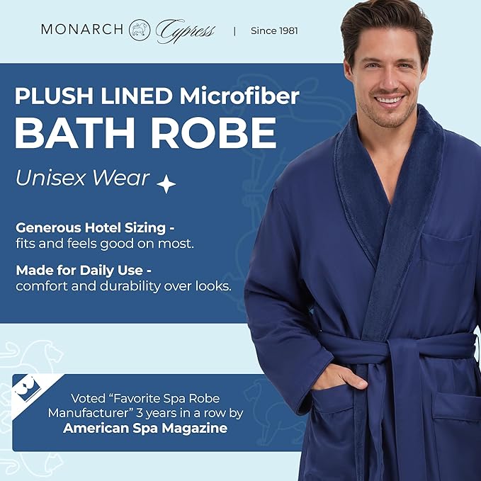 Plush Lined Microfiber Bath Robe for Women or Men - Super Soft, Durable Luxury Spa, Resort & Hotel Bathrobe, Generously Sized