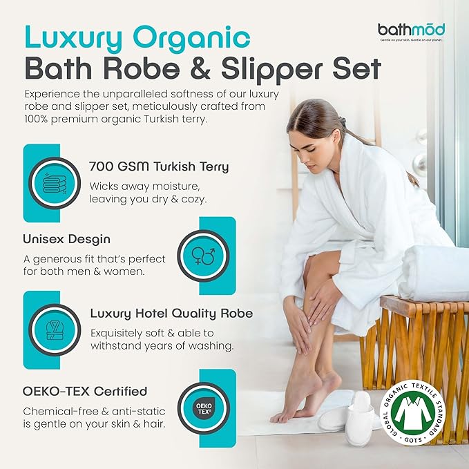 Luxury Organic Bath Robe and Slipper Set - Ultra Plush Turkish Terry Bathrobe with Slippers - GOTS Certified - Unisex, White