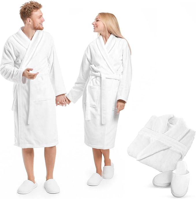 Luxury Organic Bath Robe and Slipper Set - Ultra Plush Turkish Terry Bathrobe with Slippers - GOTS Certified - Unisex, White